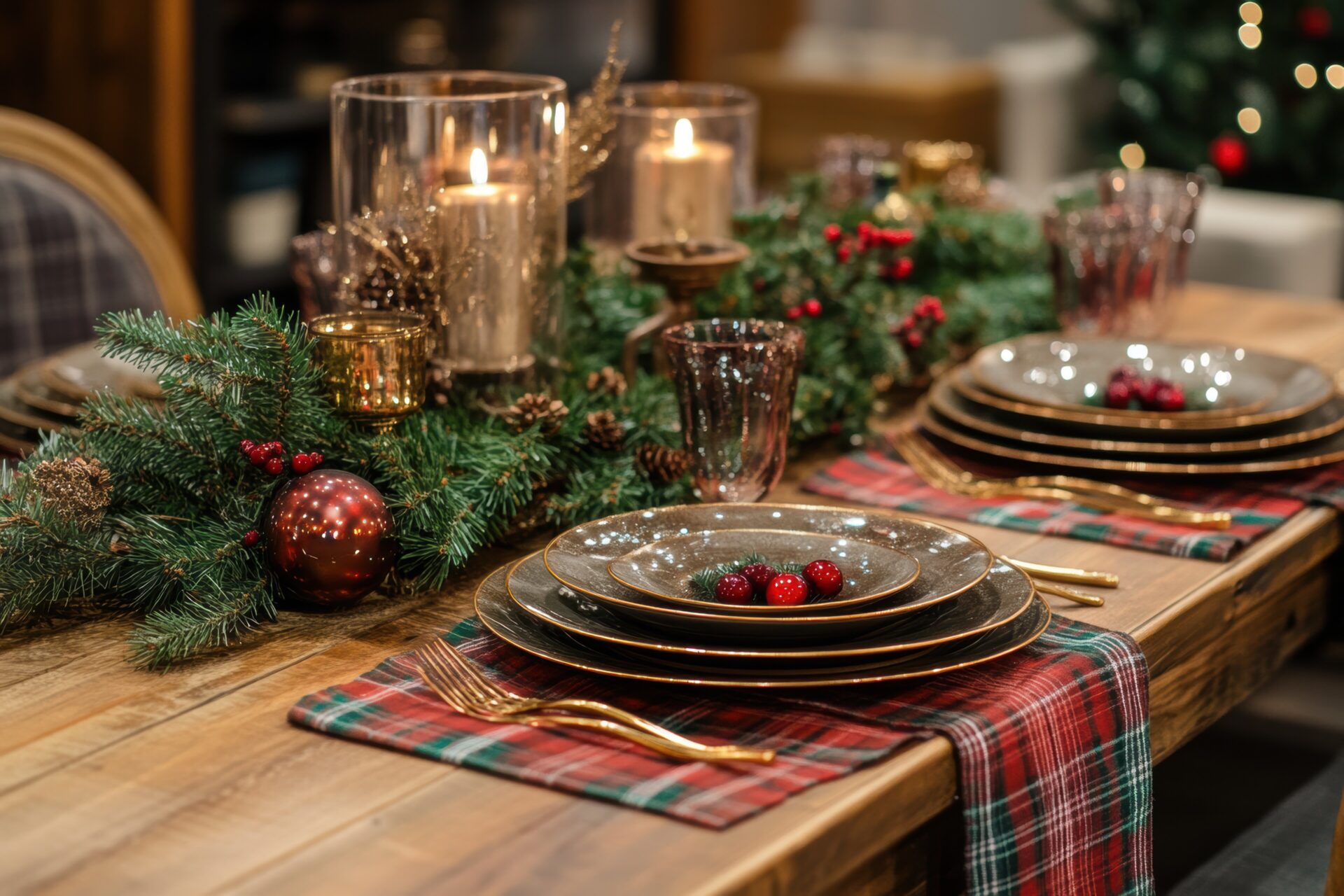 Christmas Table Festive Red and Earth Tones, tablecloth and napkins.